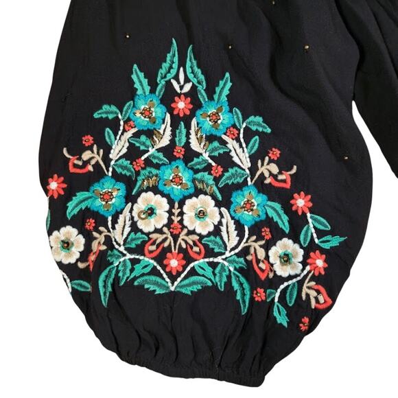 Floreat Anthropologie Embroidered Peasant Top Medium Black Bohemian Whimsigoth - Picture 5 of 11
